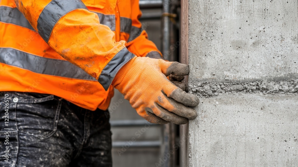 Fototapeta premium Diligent Worker Prepares Safety Equipment for Construction Site Tasks in Bright Orange Gear