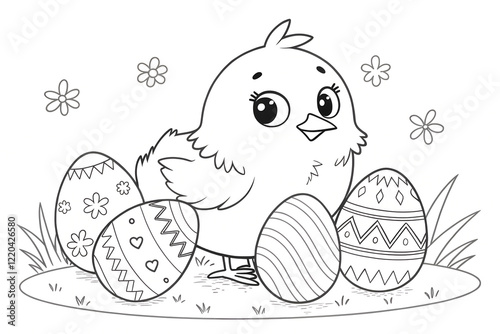 Smiling chick surrounded by decorated Easter eggs and flowers. Black and white illustration for coloring photo