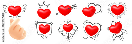Set of 3d convex red hearts with various hand drawn creative elements for Valentines Day or any designs. Korean finger heart gesture. Vector illustration 