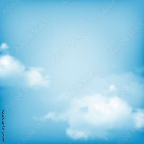 Blue sky with realistic soft clouds, sunny day. Well weather nature landscape. Square background for banner, poster or any other designs. Vector illustration 