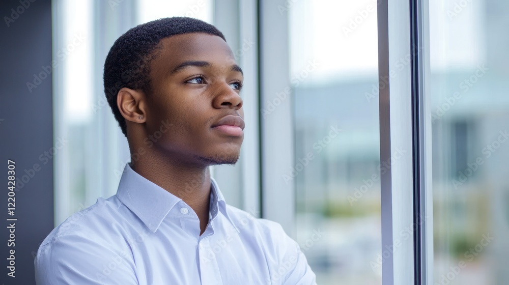 A young professional looking out of the window with a hopeful expression, contemplating the pursuit of their dreams. A young professional looking out of the window with a hopeful expression, contemplating the pursuit of their dreams.