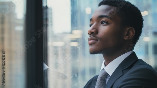 A young professional looking out of the window with a hopeful expression, contemplating the pursuit of their dreams. photo