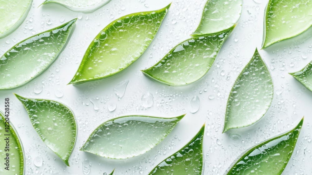 Obraz premium A refreshing arrangement of aloe vera leaves, with their gel-filled texture and water droplets highlighted against a bright white background