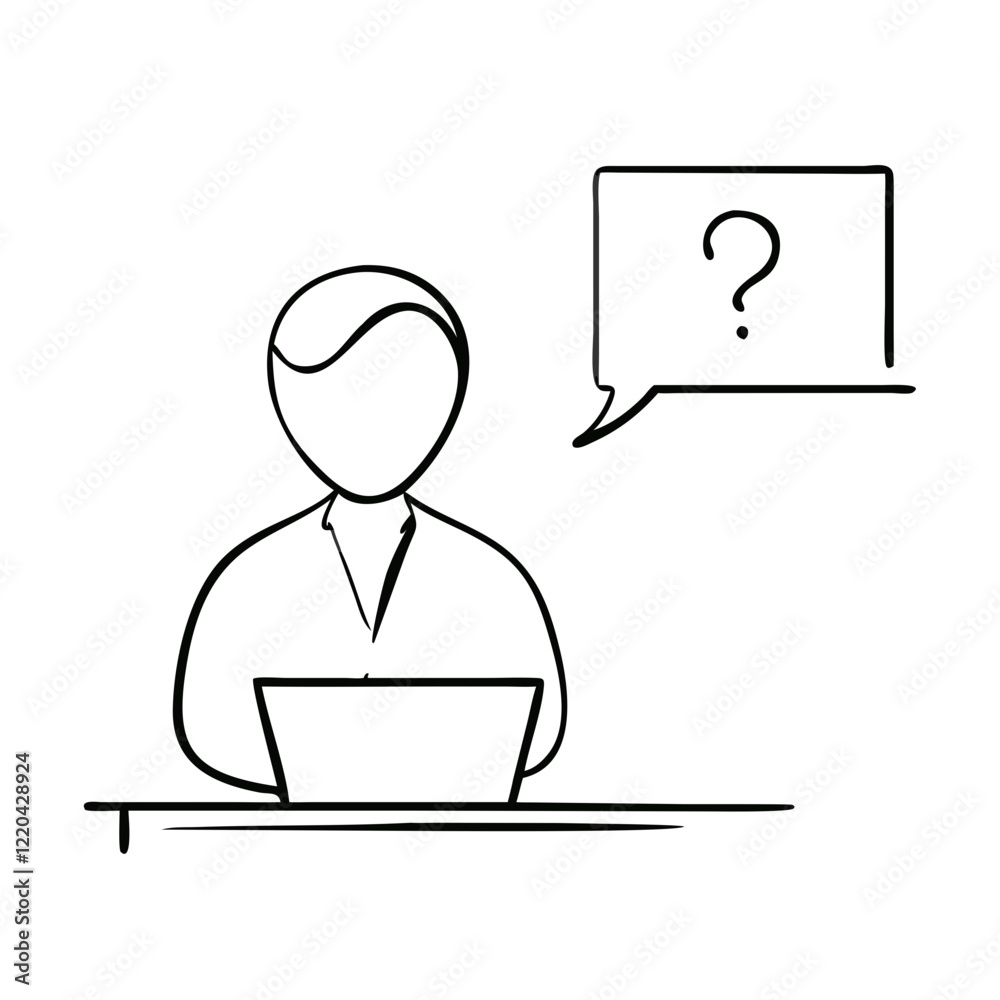 Minimalist outline drawing of a person with a laptop and question bubble