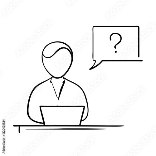 Obraz na płótnie Minimalist outline drawing of a person with a laptop and question bubble w salonie