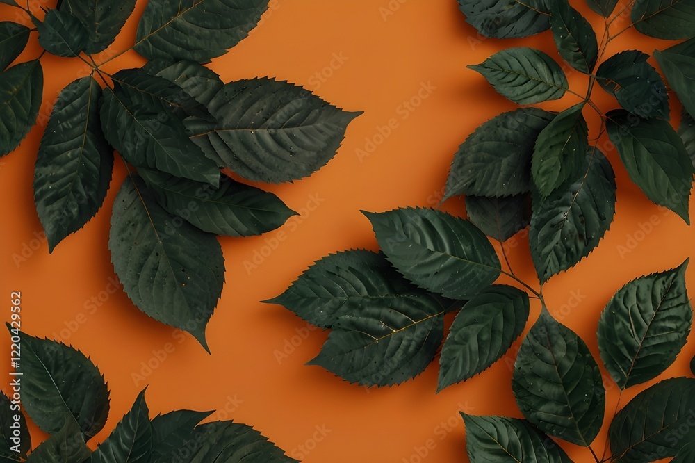Creative layout made with leaves on bright orange background Generative AI Creative layout made with leaves on bright orange background Generative AI