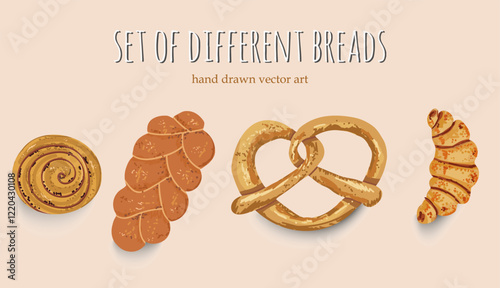 A Set of Delicious Baking bread hand drawn style, Cinnamon Roll, German Pretzel, Challah Bread, Croissant. Vector illustration.