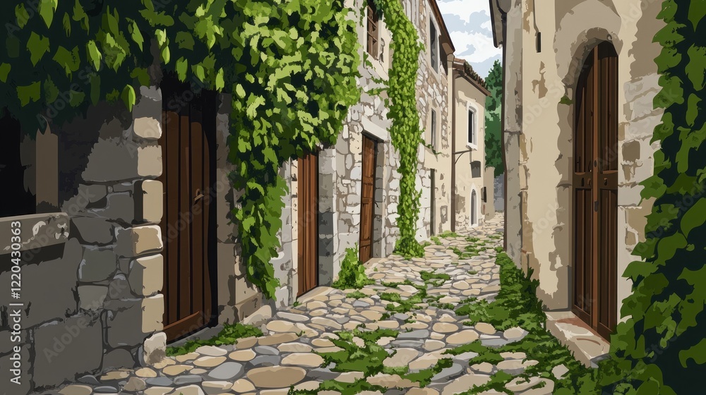 Fototapeta premium Sunlit stone street, ivy-covered houses.