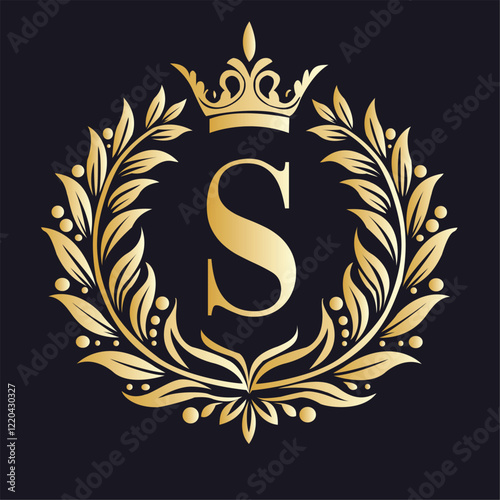 Luxury Golden Monogram with Crown and Laurel Leaves on Black Background