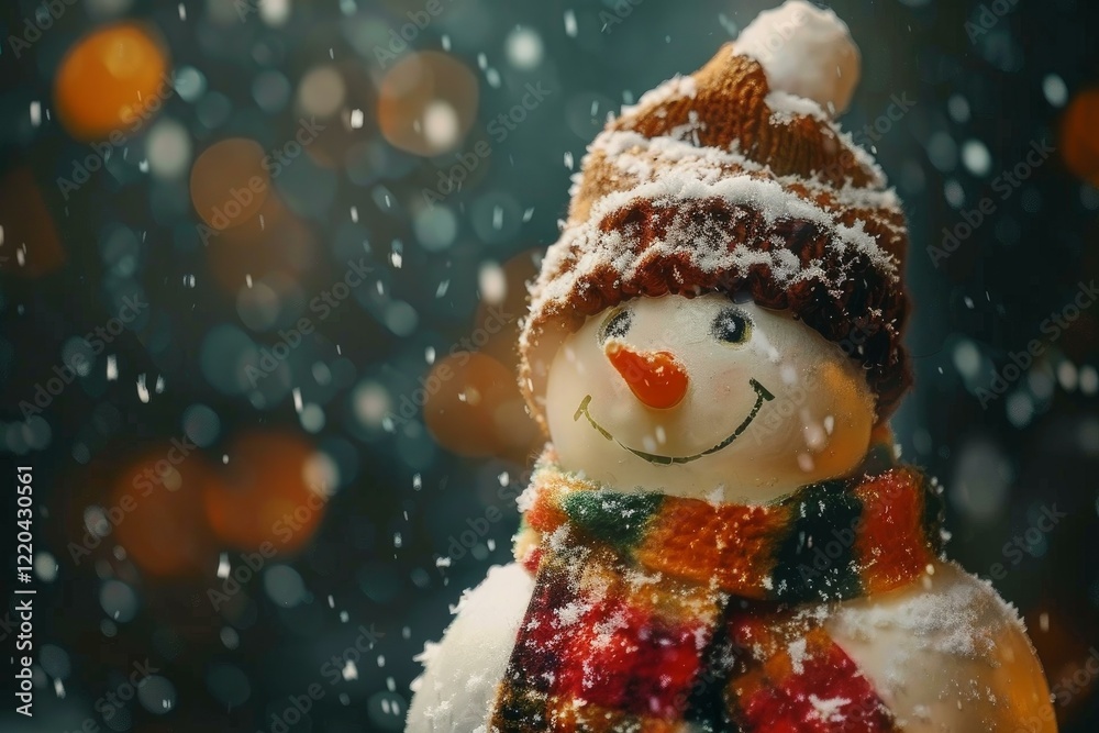Fototapeta premium Smiling snowman wearing a hat and scarf under the falling snow with christmas lights in the background