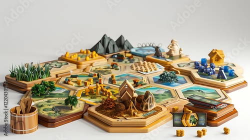 A Settlers of Catan game set with hexagonal tiles, cards, and player pieces, displayed on white.