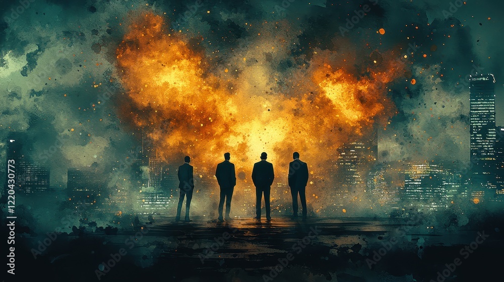 Silhouetted Figures Against Explosive Background in Urban Landscape at Night Silhouetted Figures Against Explosive Background in Urban Landscape at Night