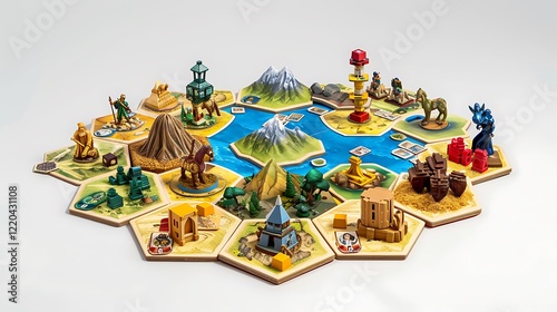 A Settlers of Catan game set with hexagonal tiles, cards, and player pieces, displayed on white.