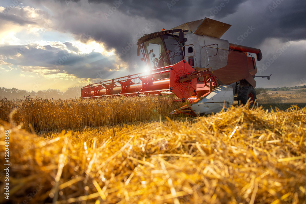 Fototapeta premium Moisson du blé et meule de paille au milieu de la campagne en été.