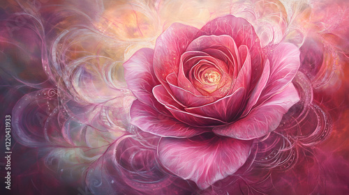 A pink rose gently opening in the light, surrounded by glowing soft light and abstract pink patterns, symbolizing love, beauty, and peace.