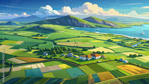Aerial view of endless lush pastures and farmlands of Ireland's Dingle Peninsula