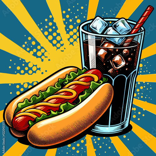 Hot dog and cold dark drink, Pop Art style, colored vector