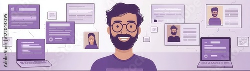 Smiling Person Surrounded by Digital Illustrations with Laptops and Information Graphics in Modern Workspace