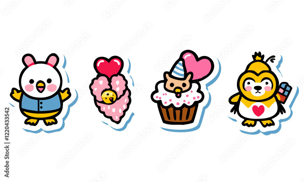 Adorable Cartoon Bird and Animal Stickers with Heart and Party Themes Adorable Cartoon Bird and Animal Stickers with Heart and Party Themes