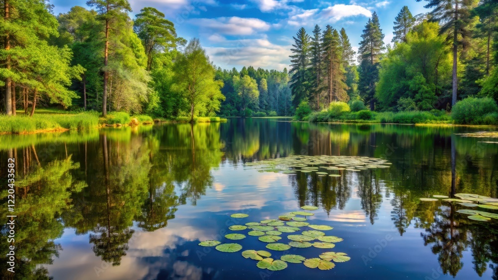 Obraz premium Serene lake scene with blooming lily pads reflected in calm water surface