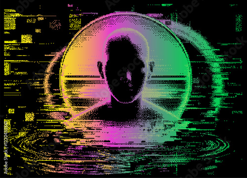 Pixel silhouette of a man with his face in shadow. Abstract futuristic vector illustration with glitch art elements in neon holographic colors.