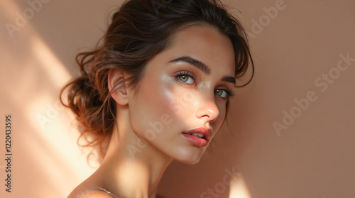 A close-up of a beautiful female model illuminated by natural sunlight on a warm background. Ideal for fashion, beauty campaigns, skincare promotions, and other promotion.