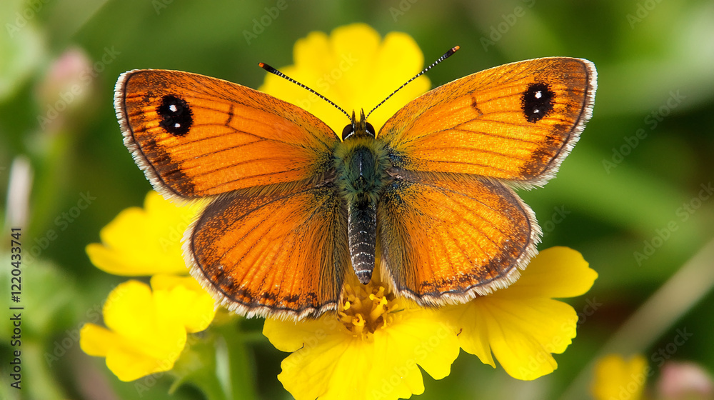 An butterfly rests on a yellow flower. An butterfly rests on a yellow flower.