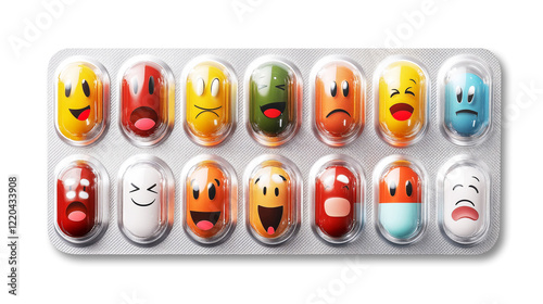 Colorful capsules with various facial expressions in blister pack, conveying emotions