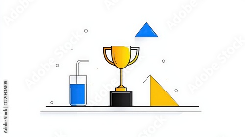 Golden Trophy with Drink and Geometric Shapes on a Minimalist Background