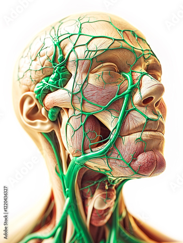 Anatomical model of human head showing lymphatic system in detail