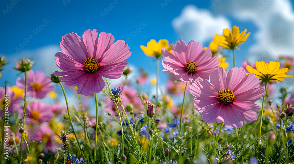 Fototapeta premium A field of flowers with a blue and yellow flower in the foreground. The field is full of flowers of different colors and sizes