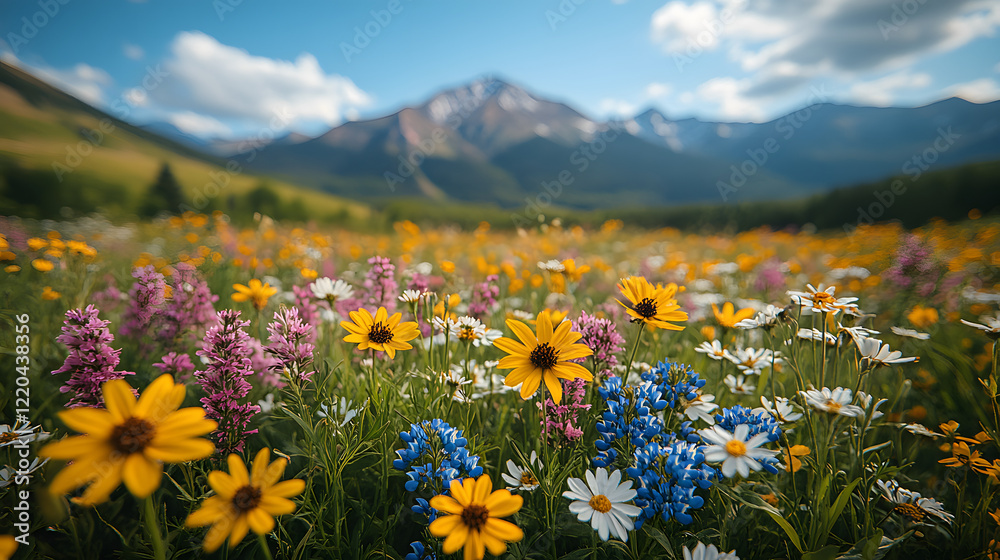 Obraz premium A field of flowers with a blue and yellow flower in the foreground. The field is full of flowers of different colors and sizes