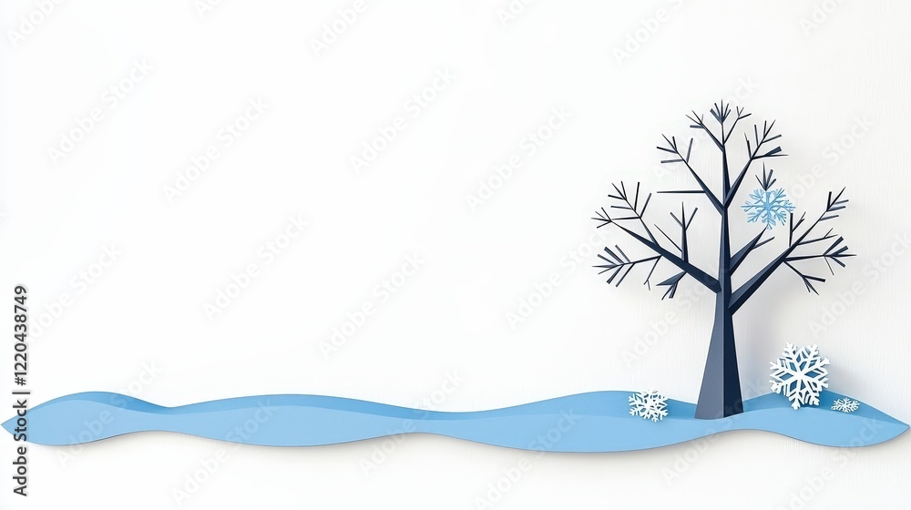 Winter Landscape with Bare Tree and Snowflakes on a Light Background in Paper Cut Style Winter Landscape with Bare Tree and Snowflakes on a Light Background in Paper Cut Style
