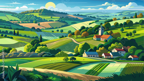 Endless lush pastures and farmlands of England. Beautiful English countryside with emerald green fields and meadows.