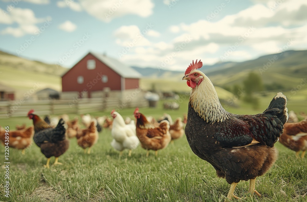 Fototapeta premium Majestic Rooster in Lush Green Pasture Surrounded by Free-Range Chickens and a Charming Red Barn Under a Bright Blue Sky in Rural Landscape