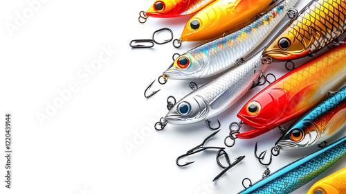 Colorful fishing lures with hooks arranged on white background