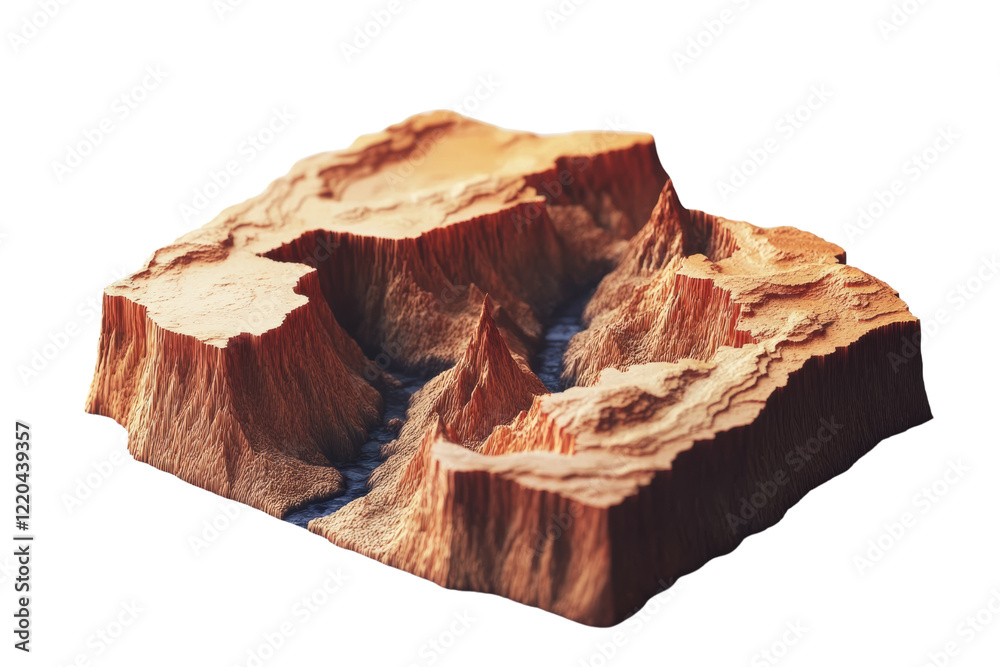 Fototapeta premium A stunning 3D model depicting rugged terrain with canyons and a winding river, ideal for educational and creative projects related to geography and nature.