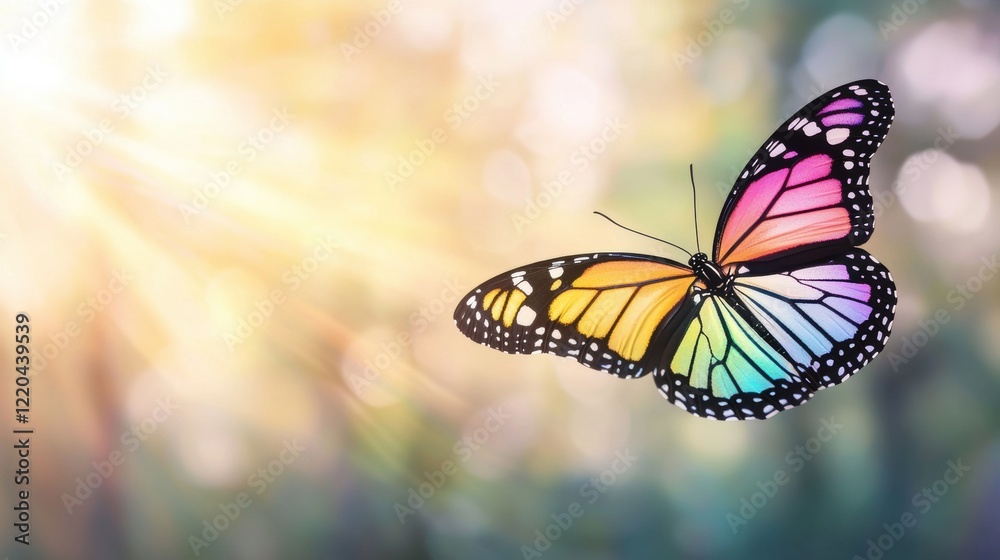 Fototapeta premium Rainbow Beam Magic Nature A close up of a butterfly with iridescent wings reflecting rainbow beams, showcasing nature magic.