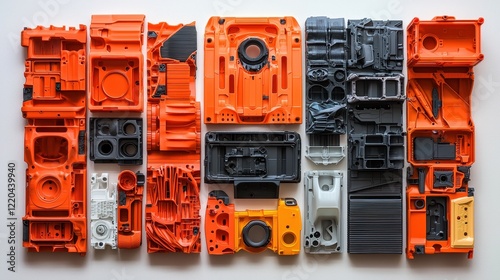 A collection of orange and black plastic parts arranged in a grid, showcasing intricate designs and textures, likely from various devices or equipment.