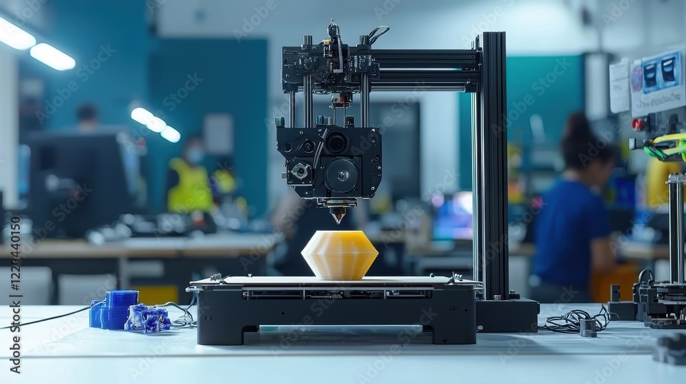 Fototapeta premium A 3D printer creates a geometric object in a modern workshop, showcasing advanced technology and innovation in manufacturing.