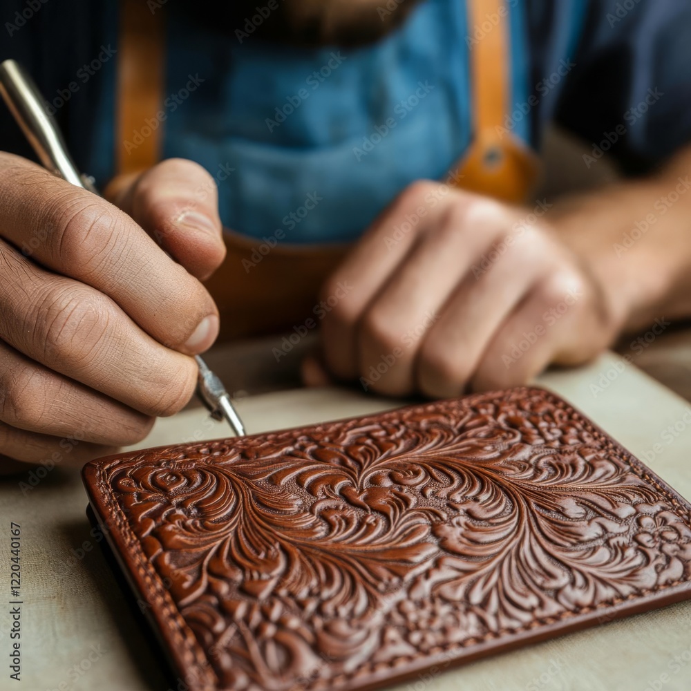 Obraz premium Leatherworker embossing intricate designs on custom wallets, focus on craftsmanship