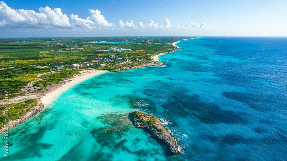 Obraz premium A tropical beach and turquoise ocean waters.