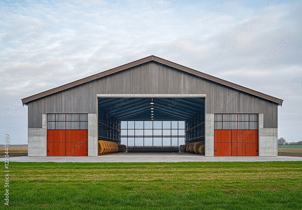 Modern Agricultural Storage Building with Large Open Doors and Orange Accents Set Against a Rural Landscape Under a Partly Cloudy Sky Modern Agricultural Storage Building with Large Open Doors and Orange Accents Set Against a Rural Landscape Under a Partly Cloudy Sky