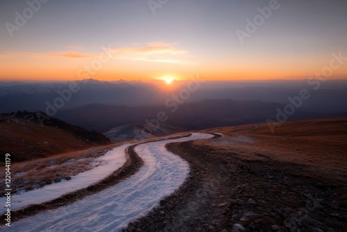 Winding road leads to horizon, kissed by warm hues of sunset sky photo