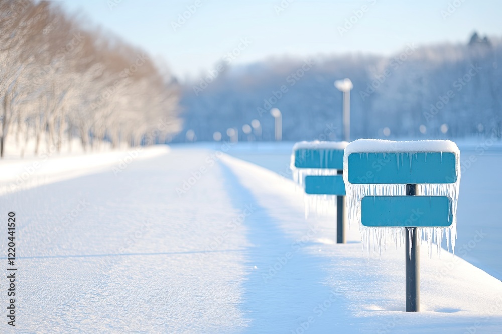 Snowy pathway features icy signs and serene winter landscape, ev Snowy pathway features icy signs and serene winter landscape, ev