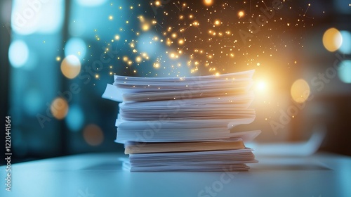 Office Intelligent Automation Efficiency A time lapse of documents being automatically processed and filed, reducing manual workload, modern office setting.