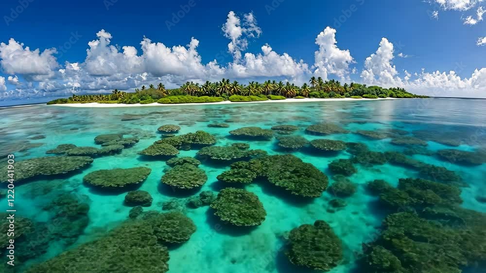 Clear turquoise waters surrounding a lush tropical island under a bright blue sky with fluffy clouds