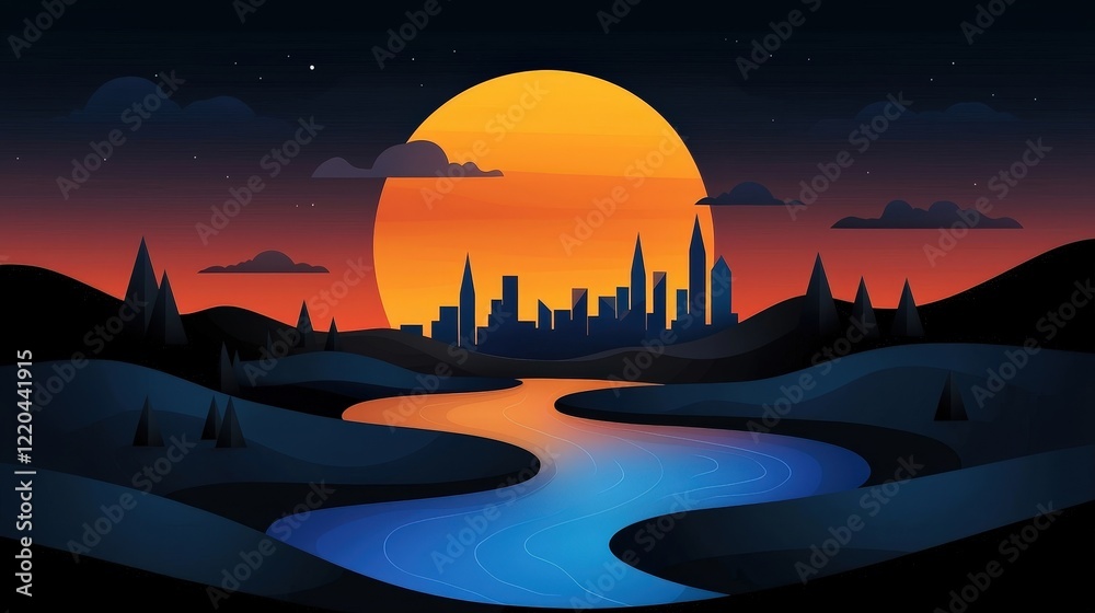 Obraz premium Vibrant Sunset Over a Silhouette City Skyline with Calm River and Rolling Hills at Dusk