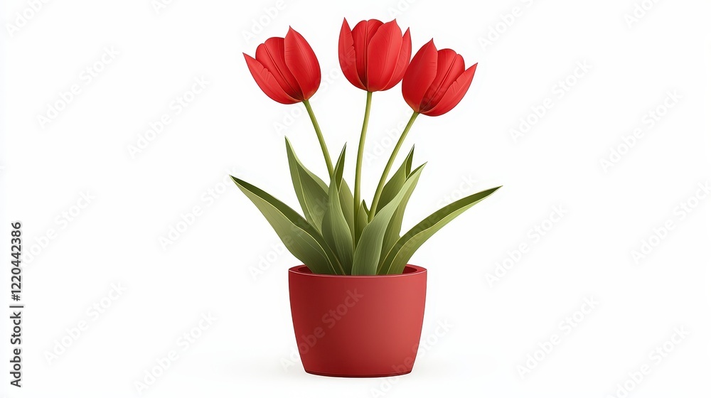 Fototapeta premium Vibrant Red Tulips in Decorative Red Pot with Lush Green Leaves on White Background