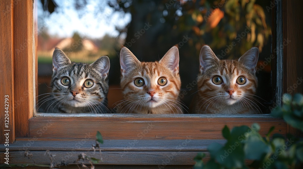 Three kittens peering through window, rural autumn scene, pet adoption Three kittens peering through window, rural autumn scene, pet adoption